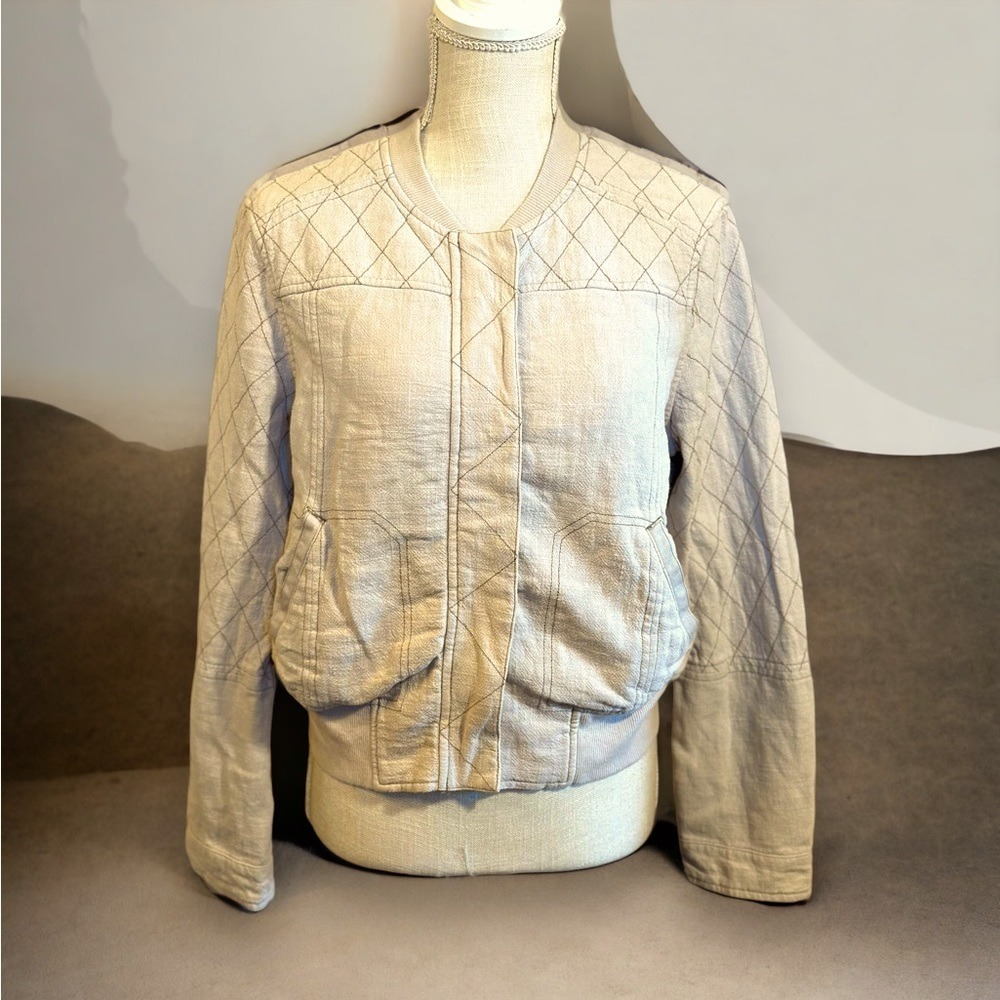 Quilted Bomber Jacket Women's Beige Linen‎ Blend Lightweight Casual